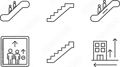 Outline icons showing escalators, stairs, and elevators with people, representing movement, transport, and vertical mobility in buildings.
