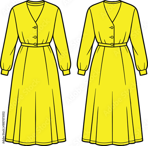 Women midi dress technical fashion illustration showing front and back views, featuring long sleeves, button front design, waist belt, flowing skirt, and detailed garment flat isolated on 