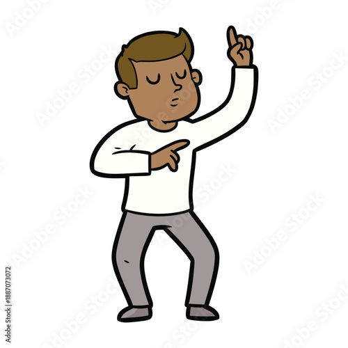Man dancing with eyes closed and pointing finger up
