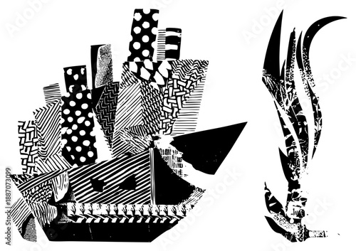 Abstract Geometric Composition with Shapes and Stylized Plant Form