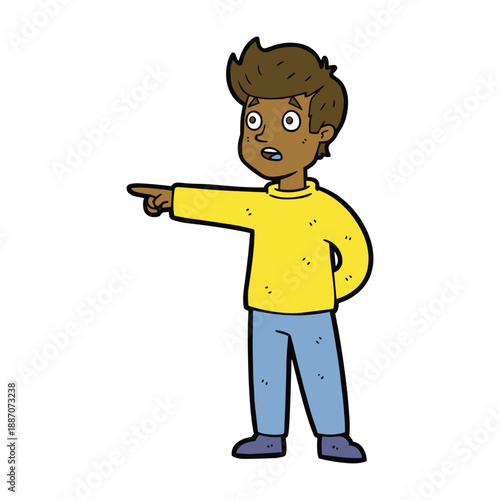 Young boy pointing with a surprised expression