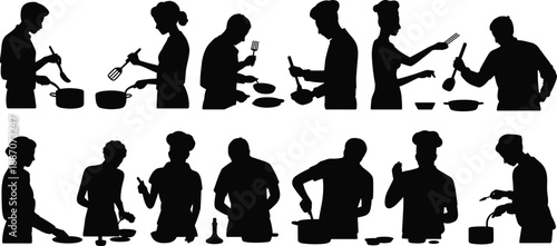 Cooking people silhouettes set, chefs and home cooks preparing food, kitchen activity scenes, culinary process concept, black vector illustration isolated on white background