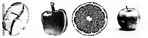 Halftone Rendered Fruit and Vegetable Vector Set with Textured Gradients