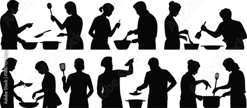 Cooking people silhouettes set, men and women preparing food with kitchen utensils, home cooking and chef activities concept, black vector illustration isolated