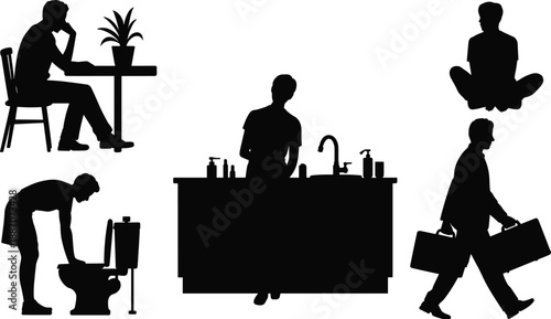Daily life people silhouettes set, man sitting, washing hands, meditation, toilet use and business walking concept, black vector illustration isolated