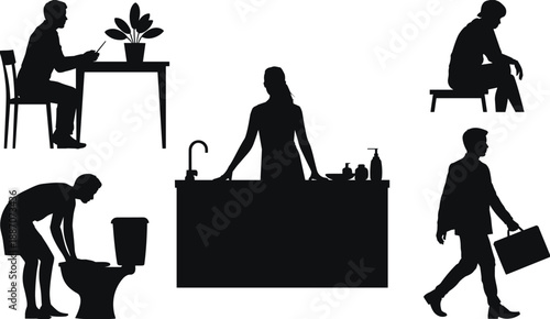 Daily lifestyle people silhouettes set, home routine activities including working at table, washing hands, toilet use, resting and business walking, vector illustration