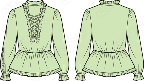 Women peplum blouse technical fashion illustration with front and back views, featuring lace-up neckline, long sleeves, fitted waist, and detailed garment flat design isolated on white background
