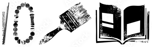 Artistic Brush, Bead Necklace, and Open Book Vector in Halftone Style