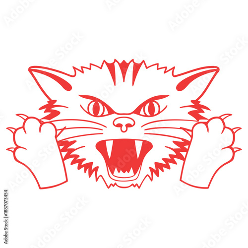 Stylized angry cat head design in line art style