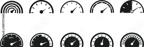 Collection of ten black and white gauge and meter icons, showing various levels of measurement, speed, and status from empty to full.