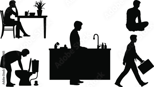 Daily routine people silhouettes collection, sitting at table, washing hands, meditation pose, toilet use and business walking, black vector illustration