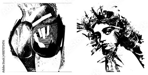 Abstract Black and White Portrait with Fragmented Halftone Texture