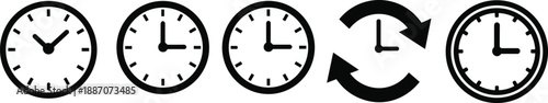 Set of five black and white clock icons illustrating different times and the concept of time passing with circular arrows.