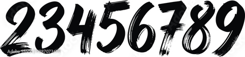 Bold black brush stroke numbers from two to nine, isolated on a white background, graphic design elements.