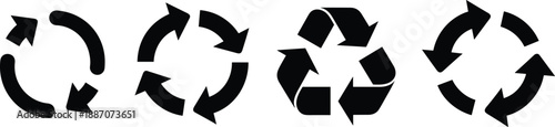 Various black recycling symbols and circular arrow icons indicating process, rotation, and environmental cycles.