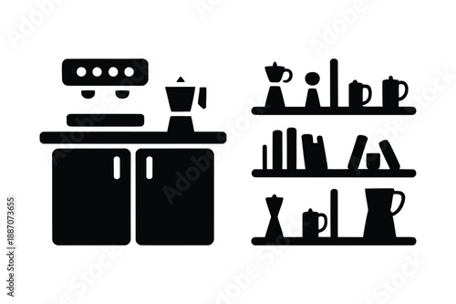 Coffee station with espresso machine and shelves of mugs