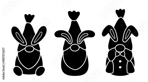 Cute Easter gnome with bunny ear black silhouette set.
Transparent background. SVG.