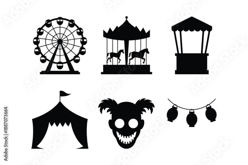 Carnival circus icons: Ferris wheel, carousel, tent, clown