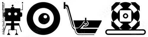 Four Black and White Symbols Robot, Target, Sailboat, Lifebuoy