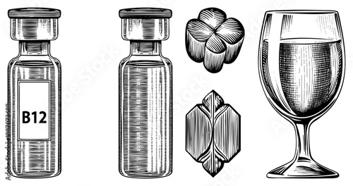 Vitamin B12 Ampoules, Herbal Leaves, and Wine Glass in Vintage Art
