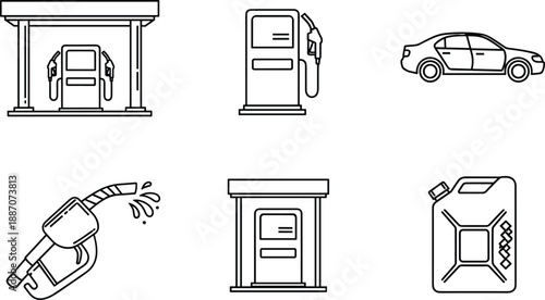 Collection of gasoline station icons: pumps, car, fuel nozzle, and canister, symbolizing fuel and transportation services.