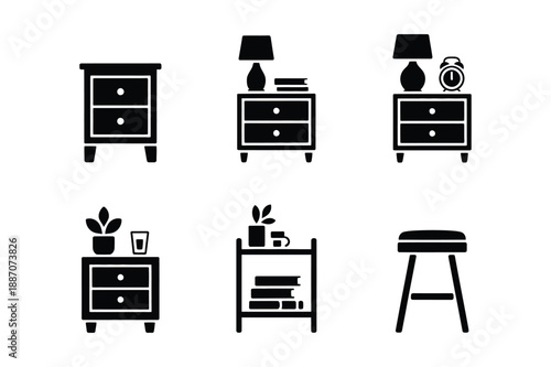 Nightstand furniture icons: drawers, lamps, clock, stool
