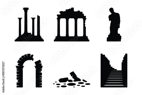 Ancient ruins: columns, arch, statue, stairs, debris