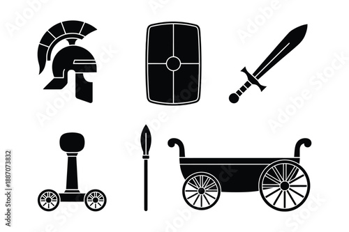 Ancient warrior icons: helmet, shield, sword, chariot