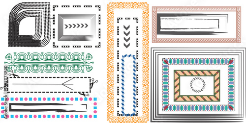 A collection of variously shaped and colored rectangular and square frames with different patterns and designs