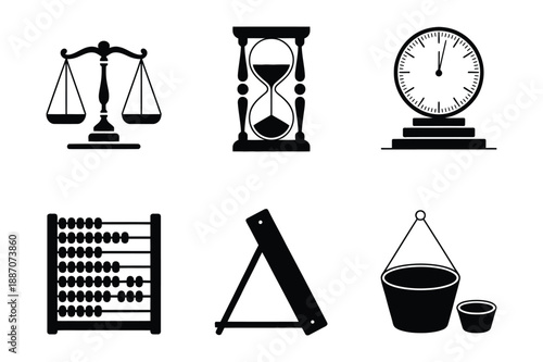 Abstract icons for law, time, and measurement