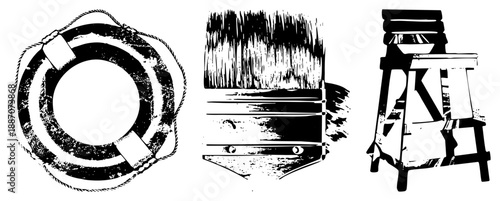 Vintage Lifeboat Ring, Paintbrush, and Wooden Stool Vector