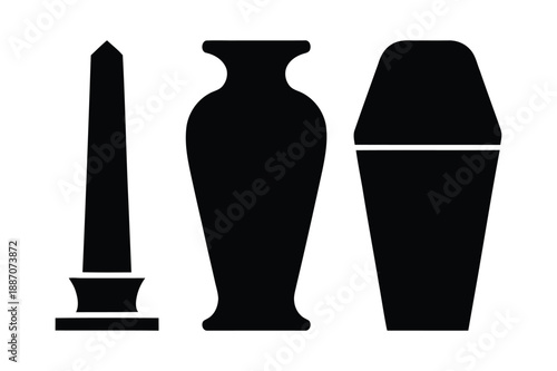 Ancient burial symbols: obelisk, urn, sarcophagus icons