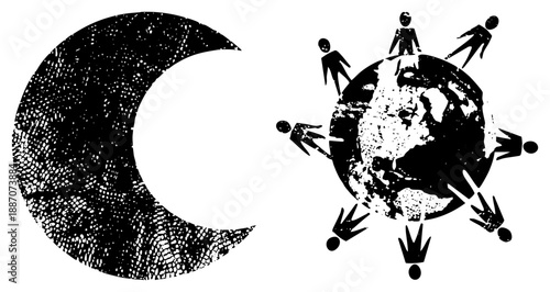 Moon and Global Human Figures Symbolizing Night and Global Community