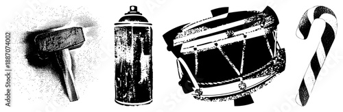 Vintage Halftone Illustration of Hammer, Spray Can, Drum, and Candy Cane