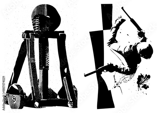 Stylized Black and White Halftone Illustration of Two Gunfighters in Action