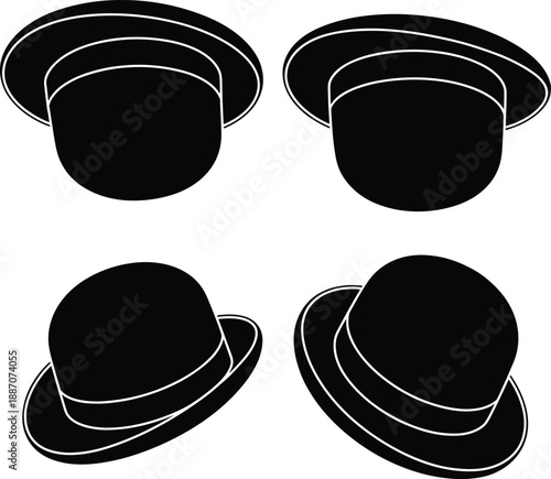 Black and white bowler hat silhouette vector set, classic gentleman headwear icons in different angles, vintage fashion accessory illustration isolated on white