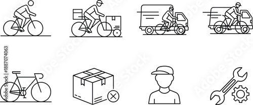 Collection of vector icons representing delivery and logistics, featuring cyclists, a truck, packages, and a mechanic with tools.