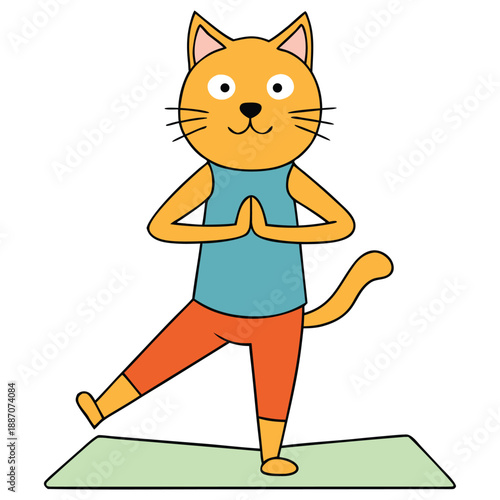 Cartoon cat in a yoga pose balanced on one leg with hands together above head