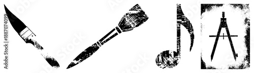 Artistic Tools and Symbols in Grunge Black and White Vector Design