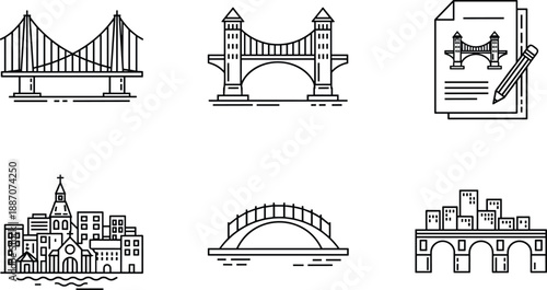 Collection of linear icons representing bridges, cityscapes, and architectural elements, suitable for urban planning and design.