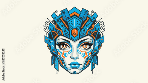 Intricate Blue Cyberpunk Warrior Woman Portrait.