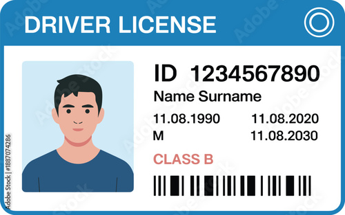 Driver license ID card template illustration, personal identification document with photo, barcode and data fields, modern flat vector isolated on white