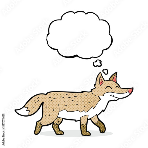 Happy cartoon fox walking with thought bubble