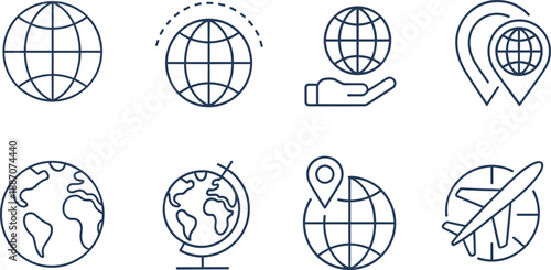 World globe outline icon set, global location and travel symbols with earth, pin and airplane, modern line vector illustration for UI design