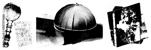 Vintage Rattle, Halftone Dome, and Puzzle Fragment Vector Set