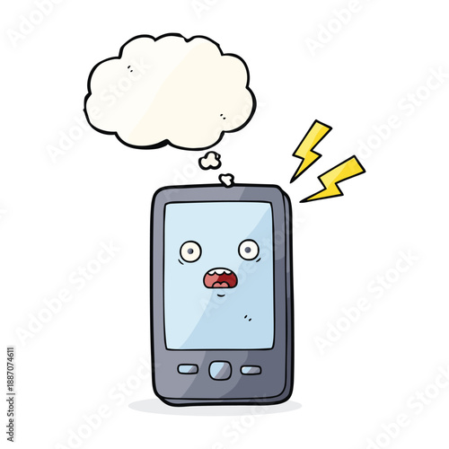 Cartoon mobile phone with shocked expression and thought bubble