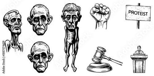 Caricatured Elderly Man with Protest Symbols and Legal
