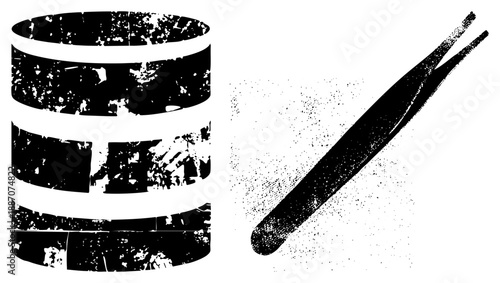 Vintage Wooden Barrel and Tweezers with Distressed Halftone Texture