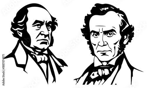 Black and White Vector Portraits of Two Historical Figures in Classic Attire