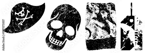 Grunge Textured Pirate Flag, Skull, Stone Relief, and Vintage Tag